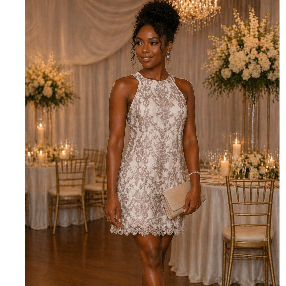 Altar'd State Ivory and Taupe Lace Mini Dress